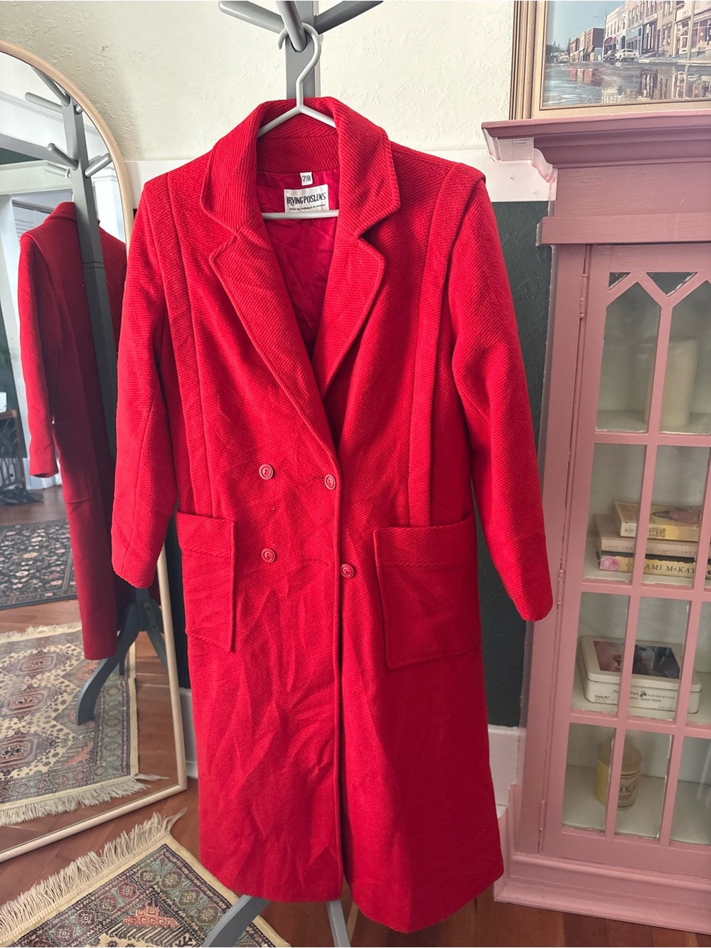Unbranded Bright Red Double-Breasted Corduroy Trench Coat